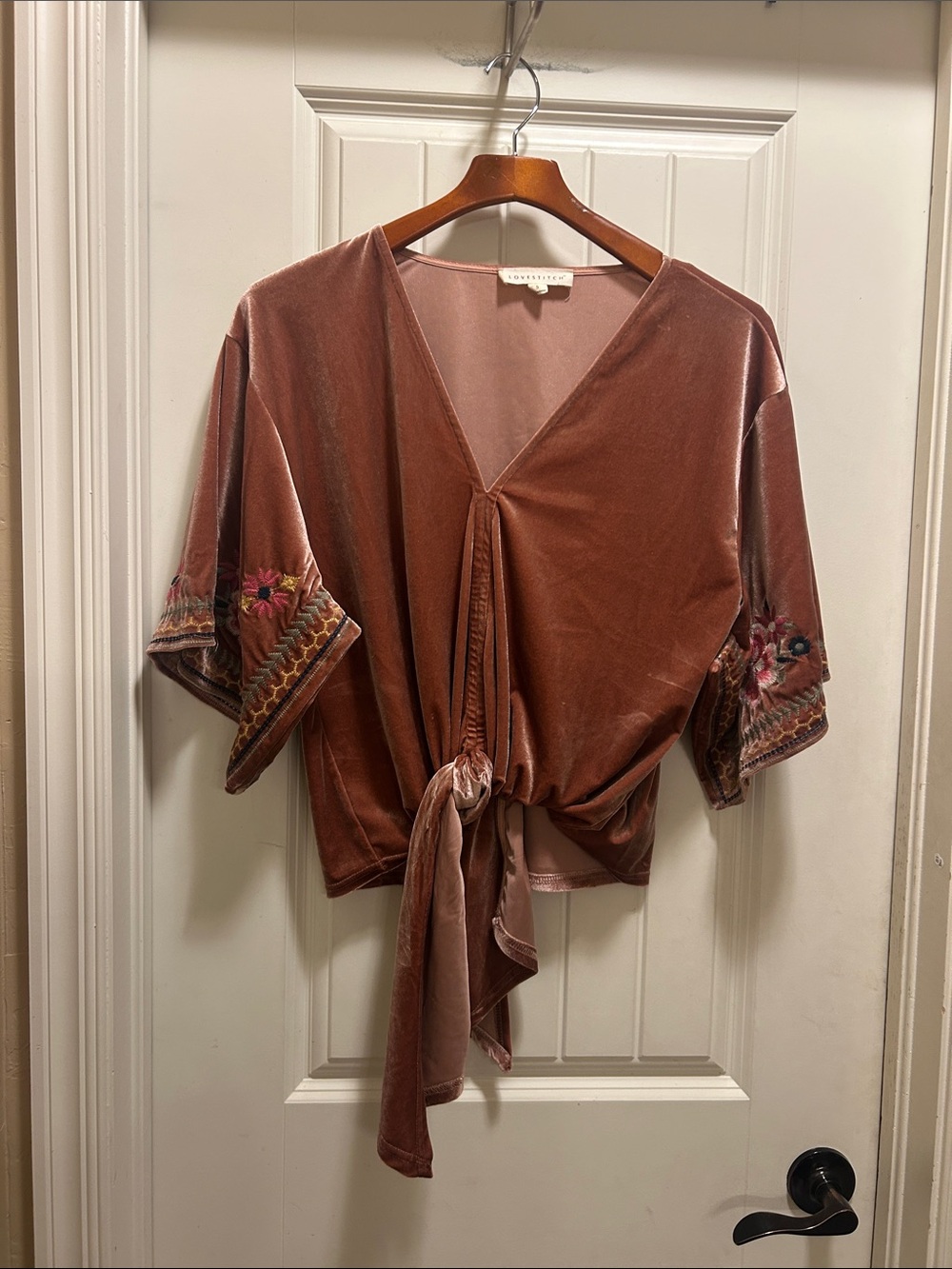 lovestitch Velvet Tie-Front Blouse in Mauve